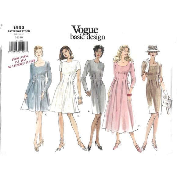 Vogue Other - 🌀 2/$30 🌀 UNCUT Vintage 90s Vogue Basic Dress Sewing Pattern 1593 Sizes 6-8-10